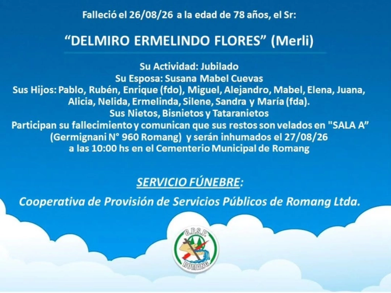 Necrológica Delmiro Ermelindo  Flores (Merli)