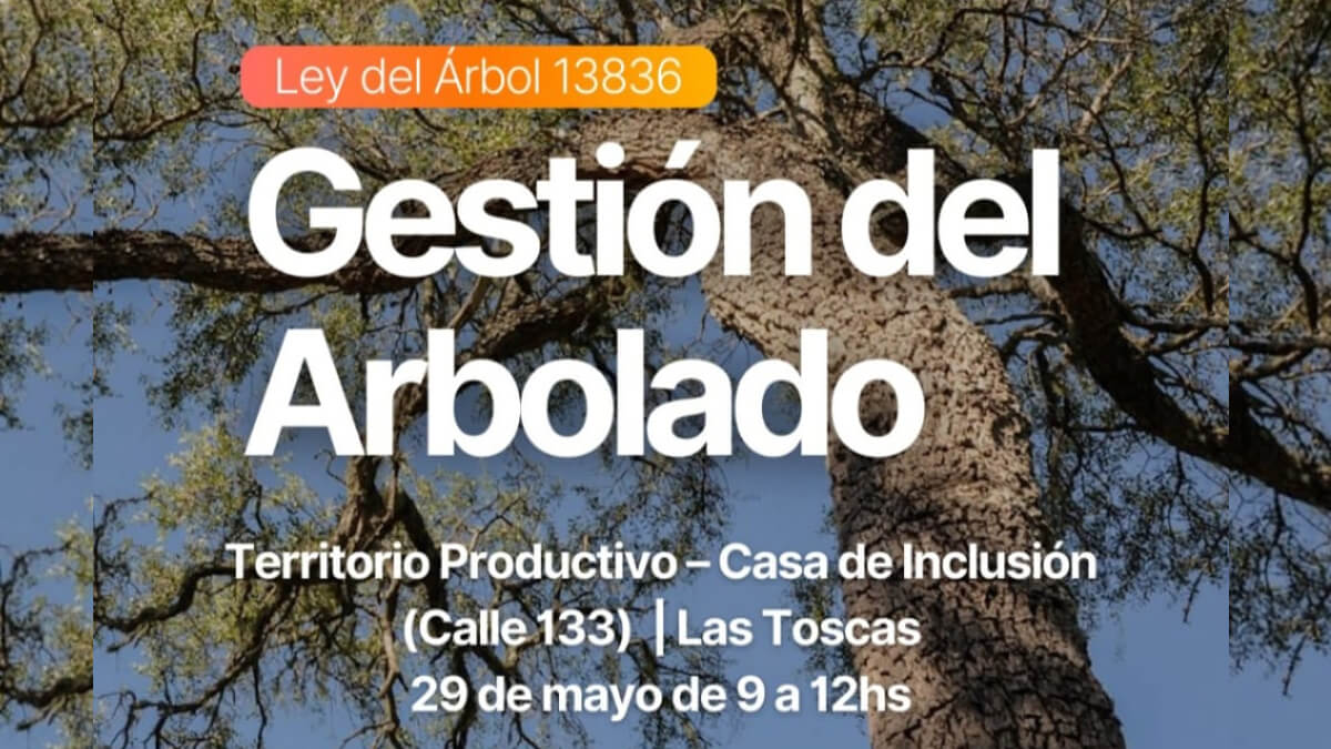 Flyer promocional de la capacitación sobre la Ley del Árbol (13.836) y gestión del arbolado público en Villa Ocampo, organizado por los Ministerios de Ambiente y Desarrollo Productivo.