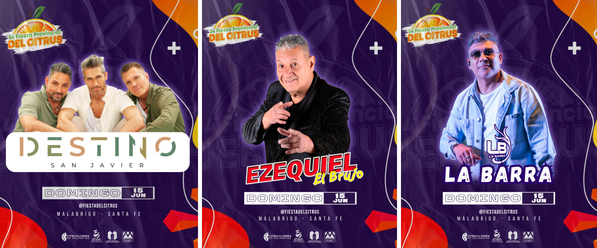 Flyer de difusión de la Fiesta Provincial del Citrus 2025 con Destino San Javier, Ezequiel y La Barra