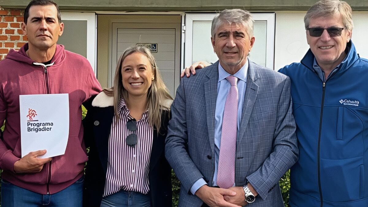 El ministro Fabián Bastia entrega un aporte del programa Brigadier a Gonzalo Buyatti, representante de la Cooperativa de Provisión de Servicios Públicos de Margarita, para la adquisición de postes de hormigón que mejorarán el servicio eléctrico rural.