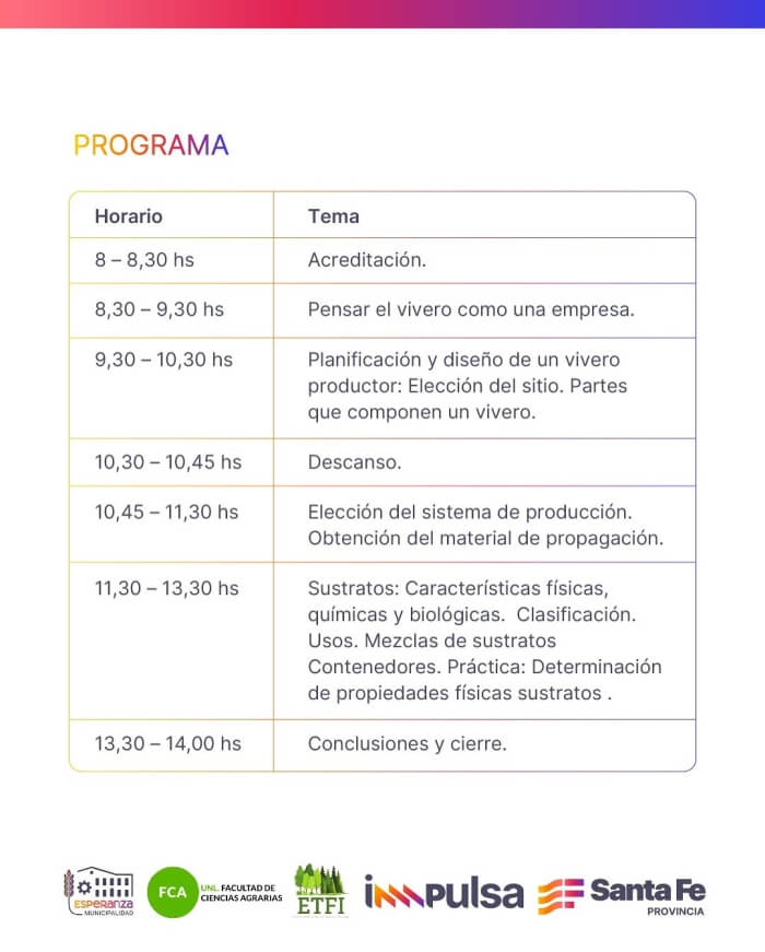 Programa de la capacitación que se realizará en el Vivero Provincial de Santa Felicia
