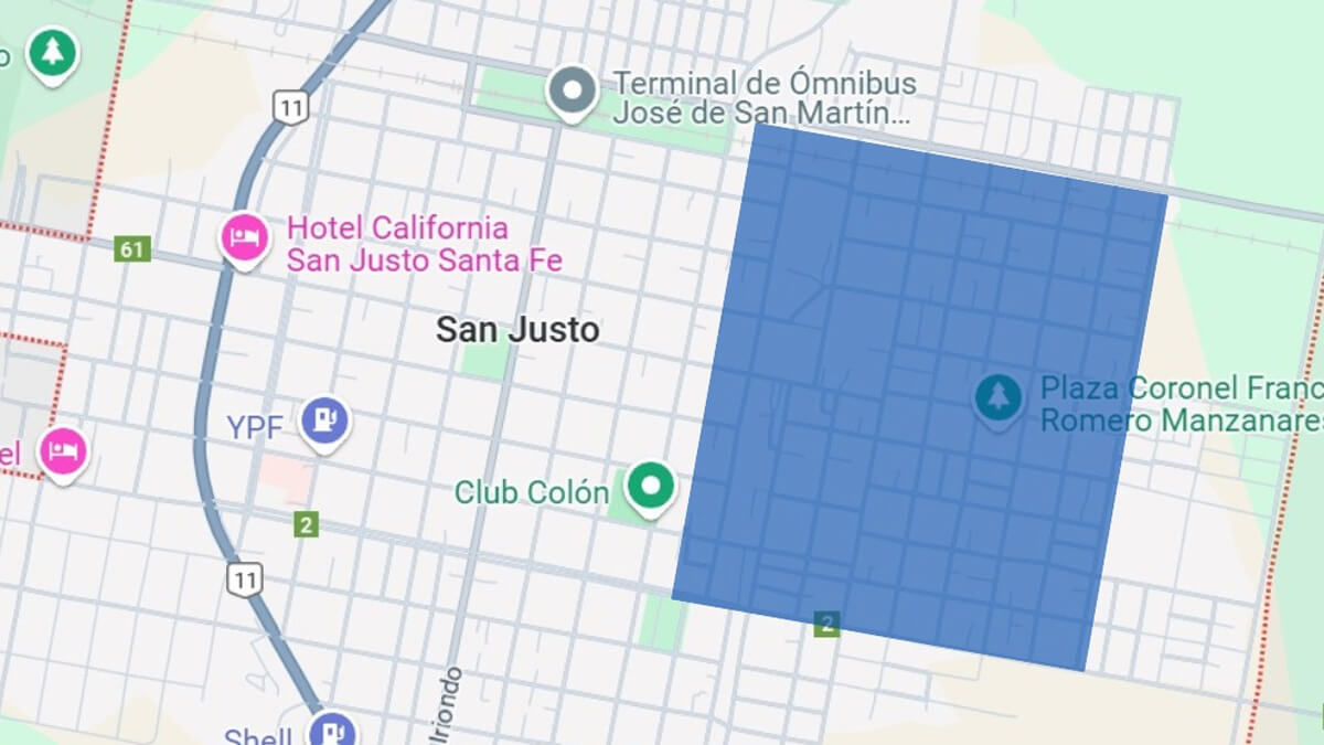 Plano de la ciudad de San Justo resaltando la zona donde se realizará la obra eléctrica en barrio Reyes