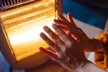Persona utilizando estufa calefactor eléctrica en un ambiente cálido para ilustrar el uso de energía en invierno