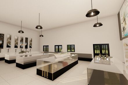Render interior del futuro Museo de Malvinas en Reconquista: salas de exposición, pantallas interactivas y espacio para veteranos.