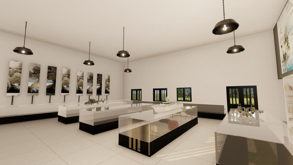 Render interior del futuro Museo de Malvinas en Reconquista: salas de exposición, pantallas interactivas y espacio para veteranos.