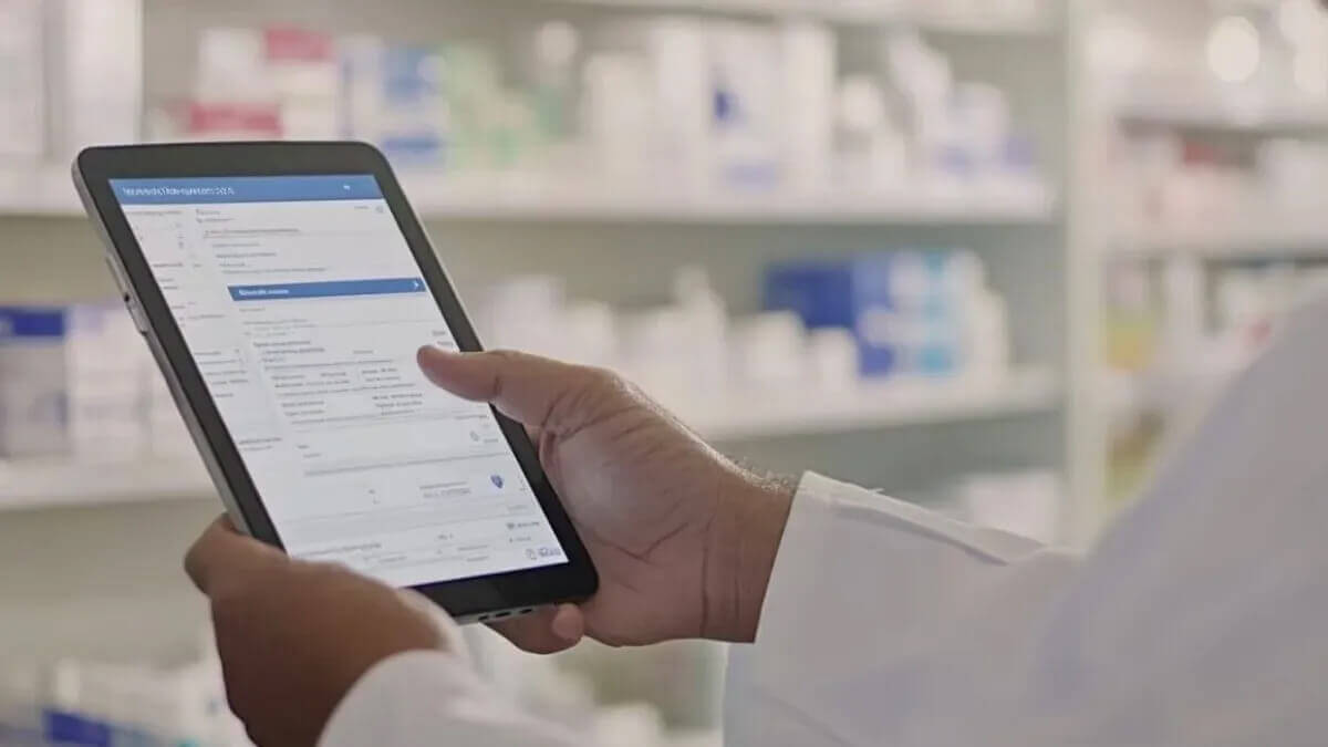 Farmacéutico verificando receta electrónica en sistema digital, nueva normativa Argentina 2025
