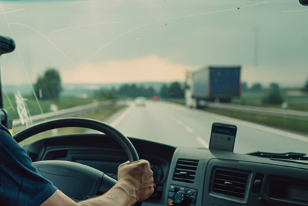 Camionero manejando su camión con el nuevo sistema RAC activado en su app MiArgentina