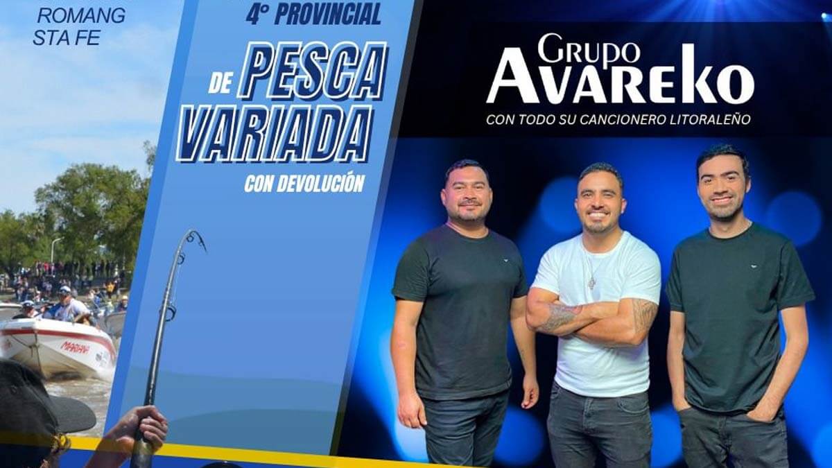 Flyer del 20° Concurso Provincial de Pesca Variada con Devolución en Romang con anuncio de show musical de Avareko.