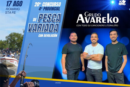 Flyer del 20° Concurso Provincial de Pesca Variada con Devolución en Romang con anuncio de show musical de Avareko.