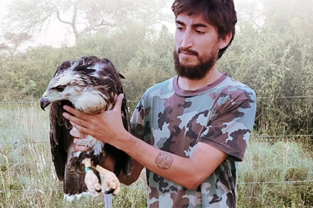 Maximiliano Churruarín junto a un Águila Coronada en actividad de conservación