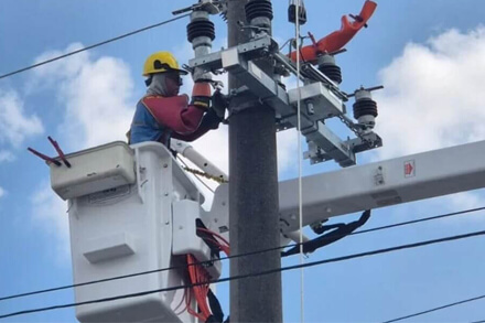 Trabajador de la EPE realizando tareas en la red de Media Tensión en Reconquista