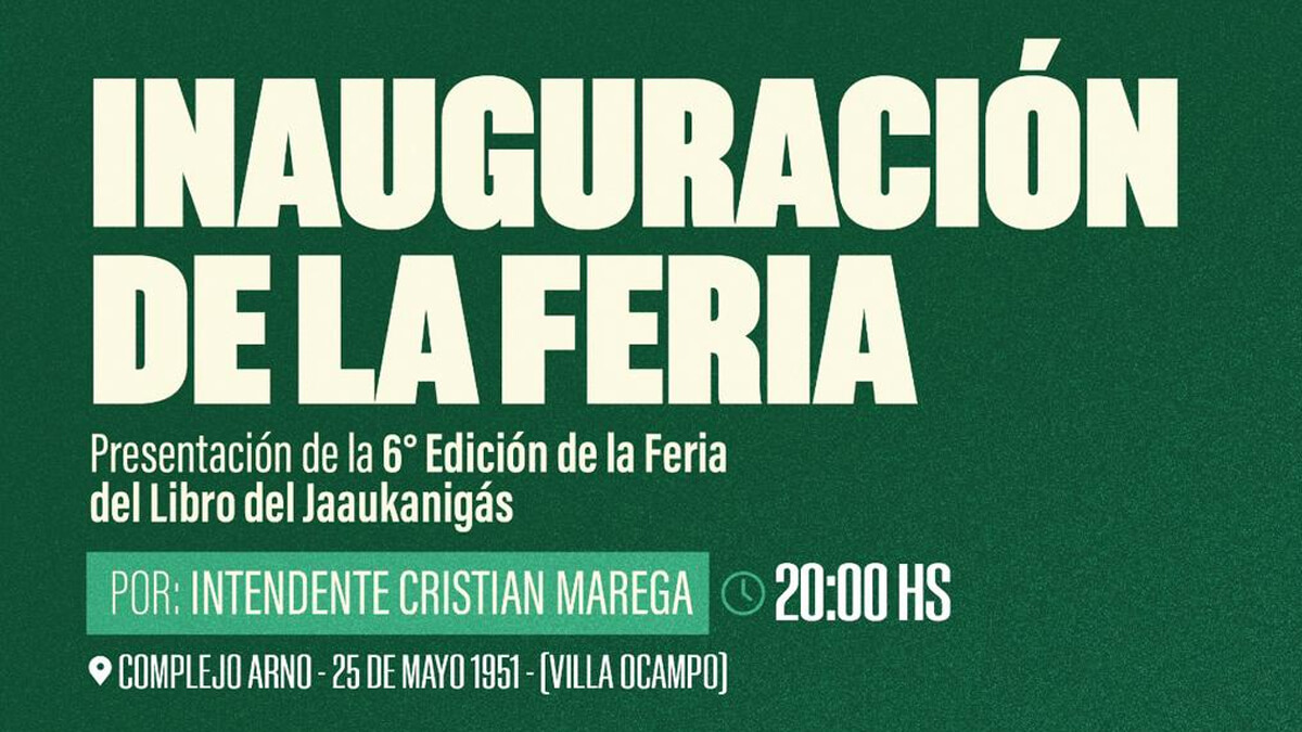 Flyer promocional de la 6ª Feria del Libro del Jaaukanigás 2025 en Villa Ocampo, Santa Fe
