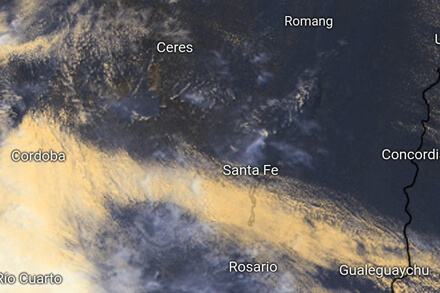 Mapa satelital de la provincia de Santa Fe con pronóstico del tiempo, lluvias y viento sudeste