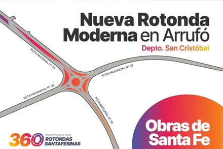 Proyecto de la nueva rotonda en Arrufó sobre RN 34 y RP 39, seguridad vial y obras en Santa Fe.