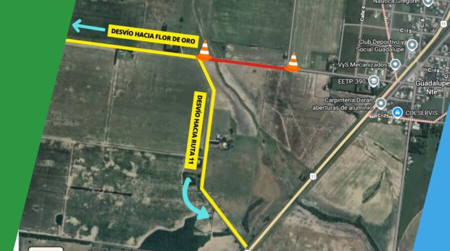 Plano de la Ruta Provincial 298-s con tramo clausurado entre RN 11 y RP 31 por obras en Guadalupe Norte y el camino a tomar para transitar el sector