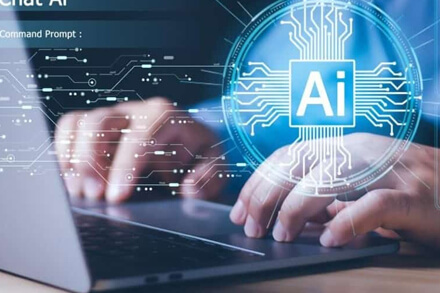 Funcionario santafesino utilizando computadora con logo de inteligencia artificial en pantalla, representando el protocolo de IA en la administración pública de Santa Fe.