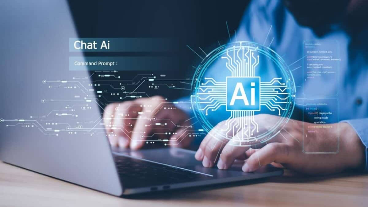 Funcionario santafesino utilizando computadora con logo de inteligencia artificial en pantalla, representando el protocolo de IA en la administración pública de Santa Fe.