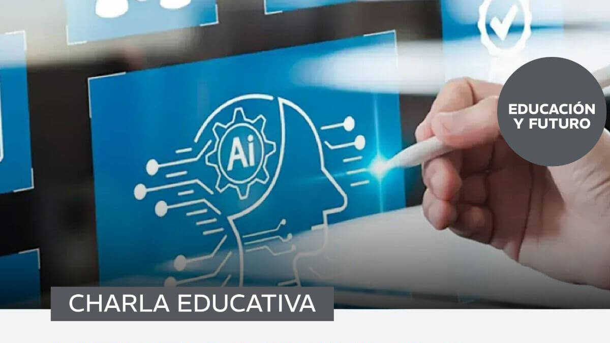 Flyer del evento educativo sobre herramientas de Inteligencia Artificial en Villa Ocampo con docentes y estudiantes