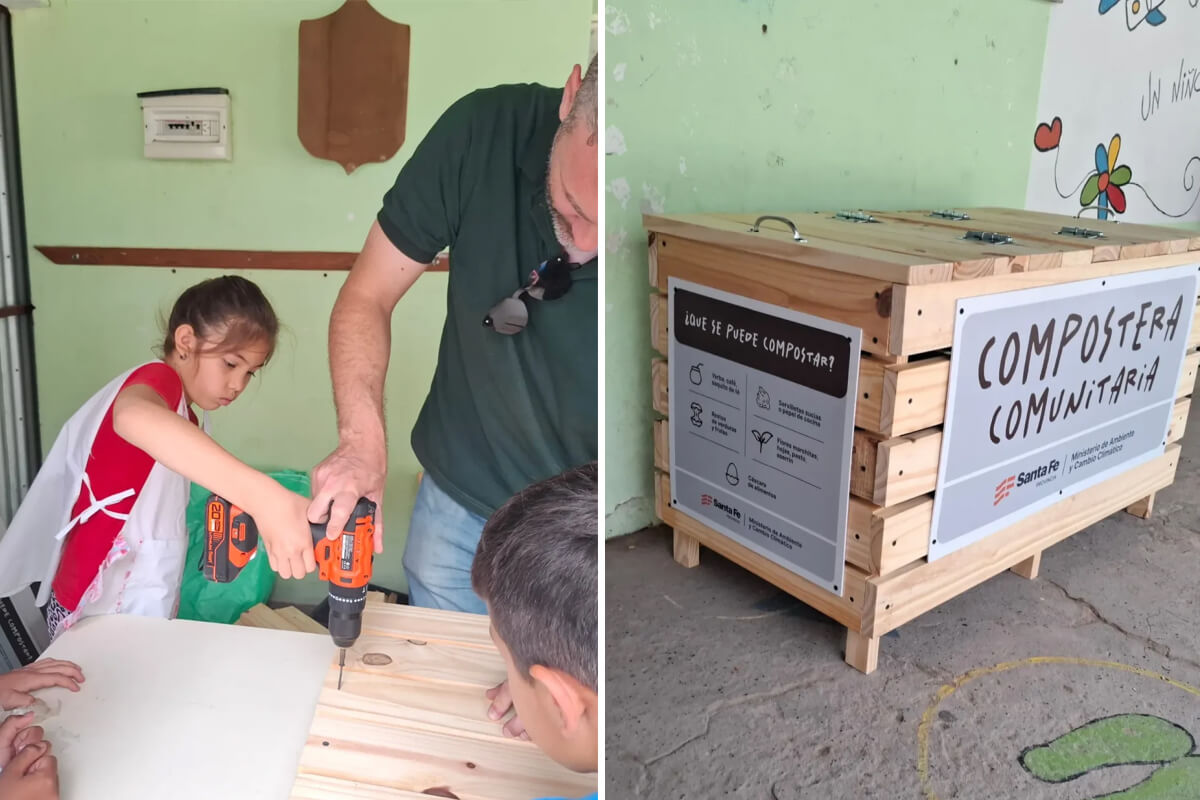 Estudiantes de Cacique Ariacaiquín aprenden a construir una compostera de madera durante taller del Ministerio de Ambiente de Santa Fe