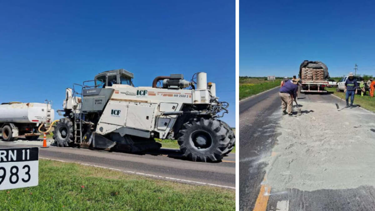Trabajos de mantenimiento en Ruta Nacional 11 con personal y maquinaria de Vialidad Nacional realizando tareas de bacheo y conservación