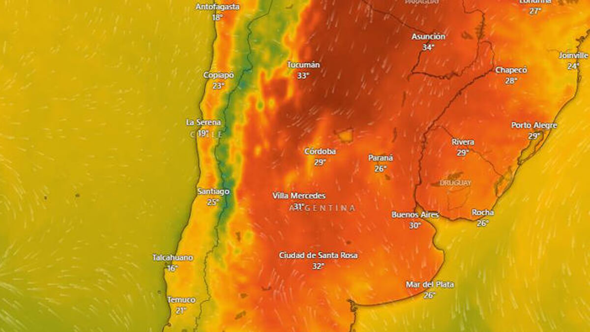 Mapa de temperaturas en aumento y zonas de inestabilidad en la provincia de Santa Fe durante la semana