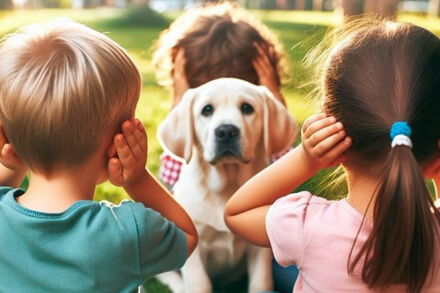 Niños y mascotas asustados por pirotecnia, niños tapándose las orejas – concientización Pirotecnia Cero en Romang