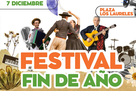Flyer del festival de fin de año en Los Laureles con música en vivo, feria de artesanos y actividades familiares