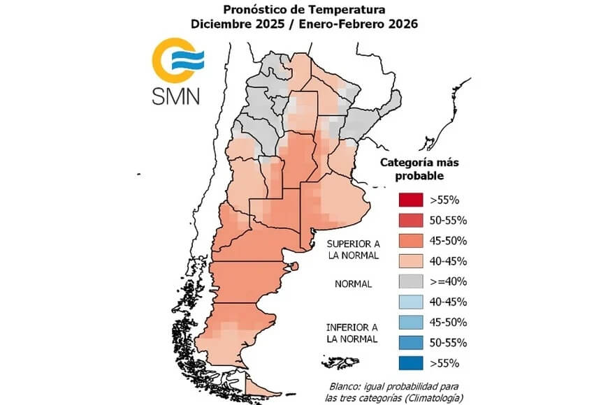 Mapa del SMN con pronóstico trimestral de temperaturas para diciembre enero febrero en todas las regiones de Argentina