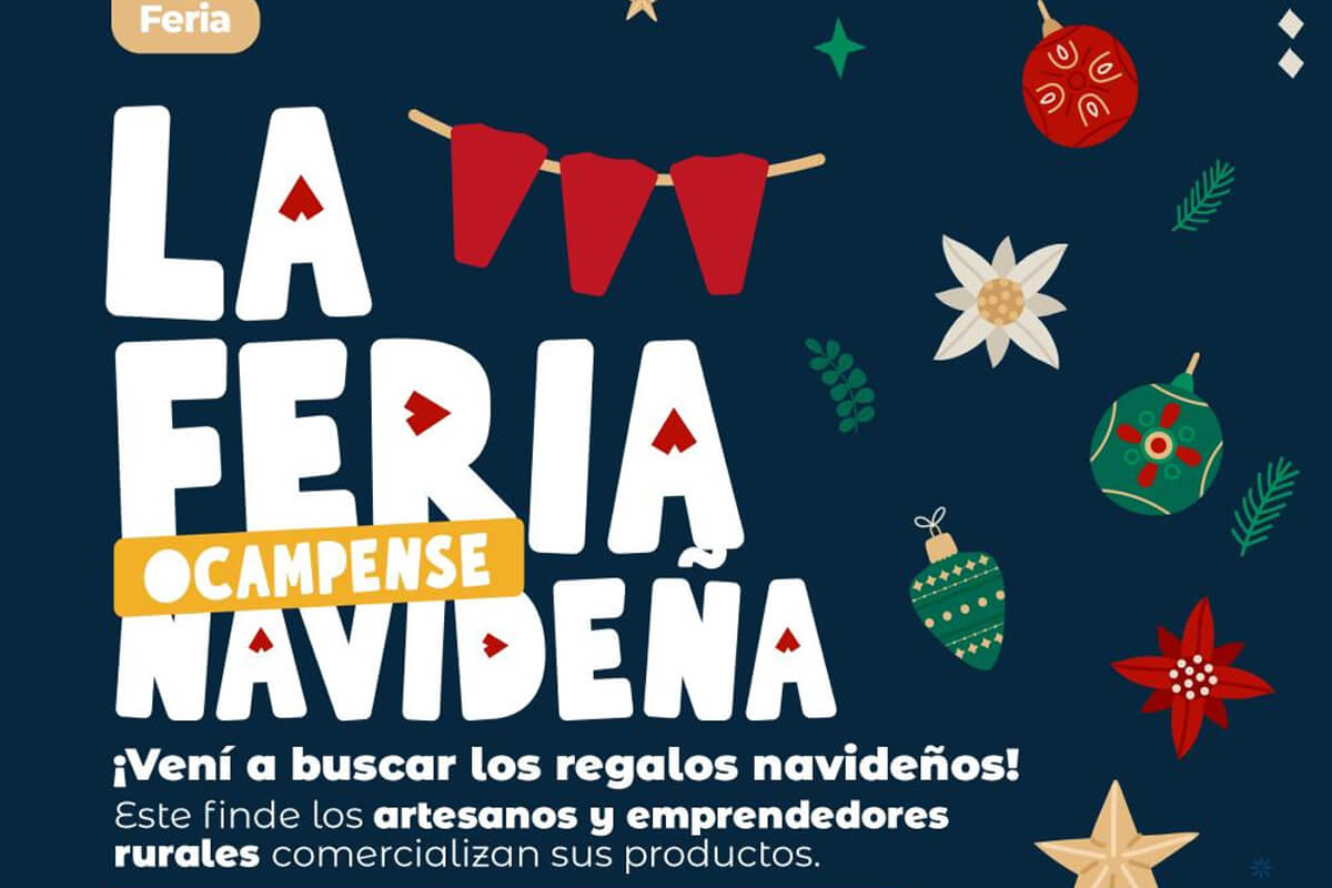 Flyer Feria Ocampense Navideña 2025 en Villa Ocampo con artesanos, emprendedores y productos locales