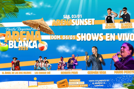 Flyer oficial de la Fiesta Regional de la Arena Blanca 2026 con artistas, fechas y escenario en el Camping Arenas Blancas