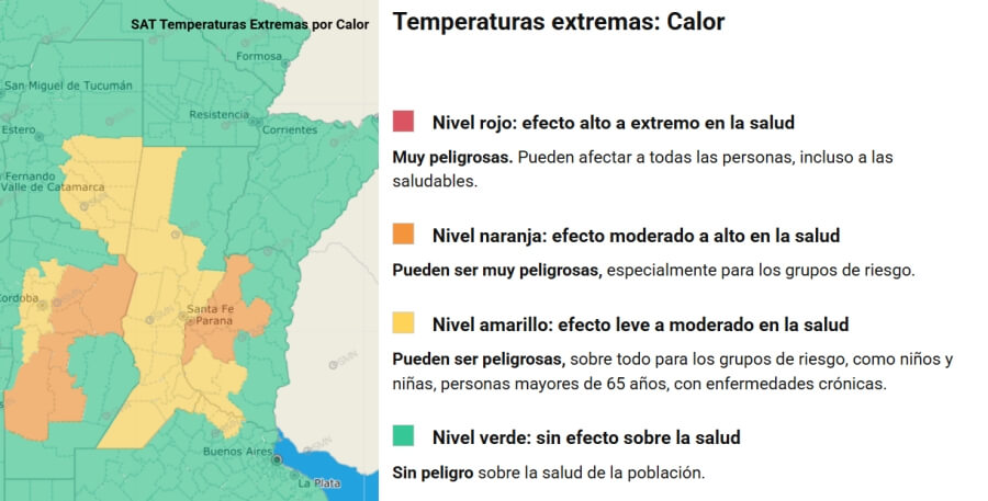 Mapa del Servicio Meteorológico Nacional con zonas de Santa Fe bajo alerta amarilla por calor extremo