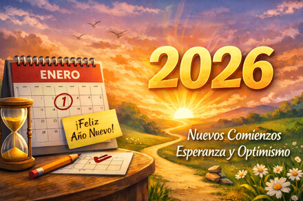 Ilustración del inicio del año 2026 con calendario de enero, amanecer y camino hacia el futuro que simboliza nuevos comienzos, esperanza y optimismo al comenzar el 2026