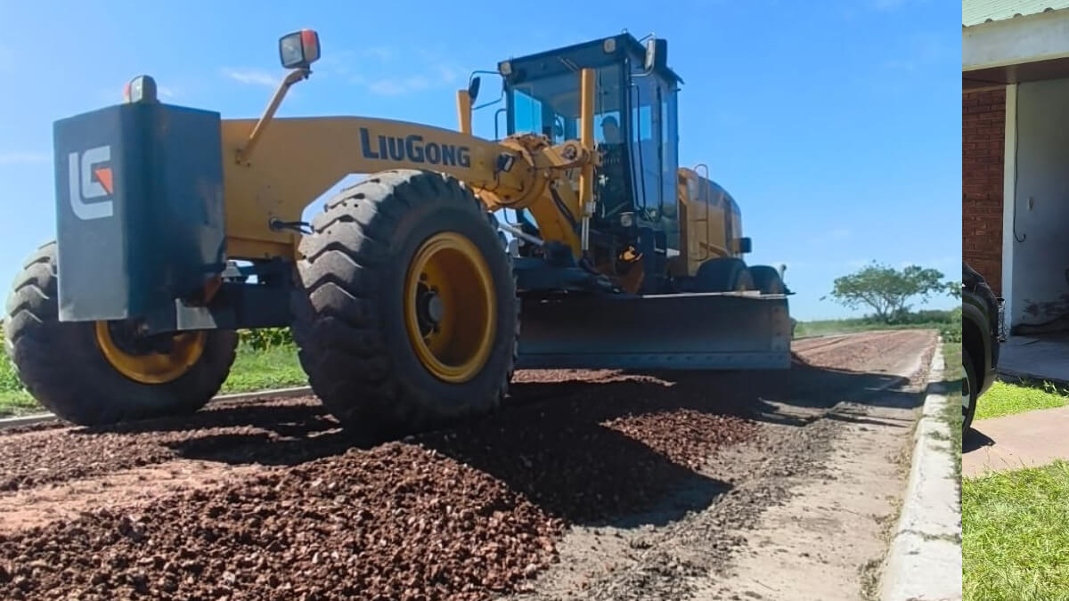 Motoniveladora trabajando en la colocación de piedras para el estabilizado granular en calles de Los Laureles