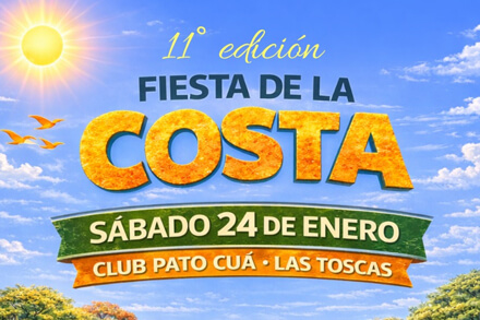 Flyer oficial de la 11° Fiesta de la Costa en Las Toscas, evento cultural regional con música y tradiciones costeras