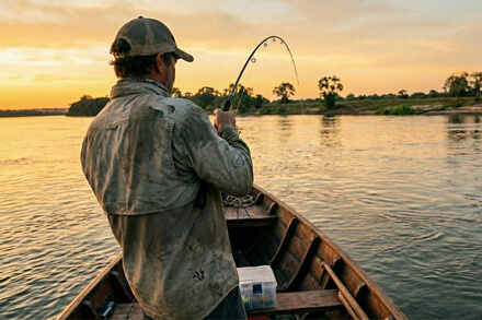Pescador deportivo pescando en el río de Santa Fe con licencia digital habilitada