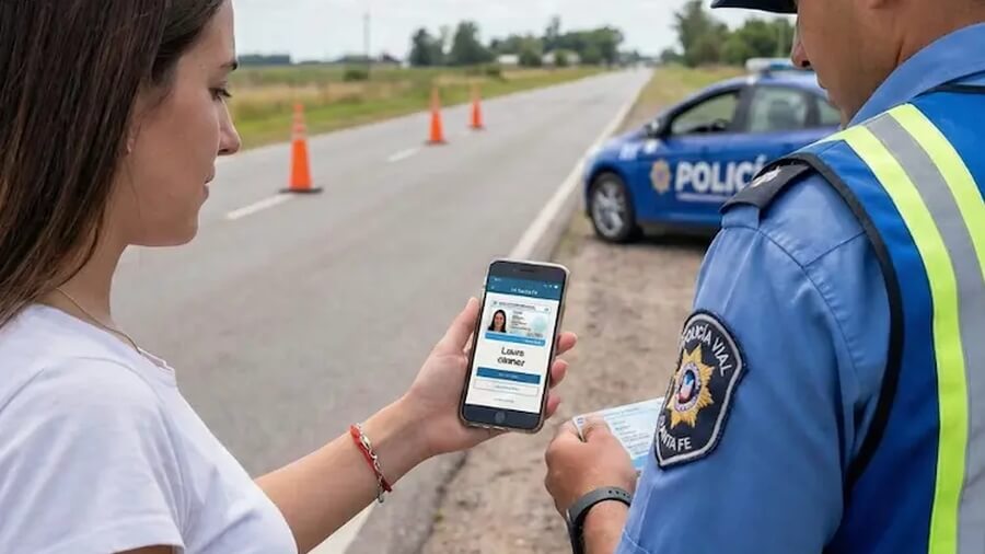 conductora exhibiendo su licencia de conducir digital desde la aplicación Mi Santa Fe durante un control vial en la provincia de Santa Fe
