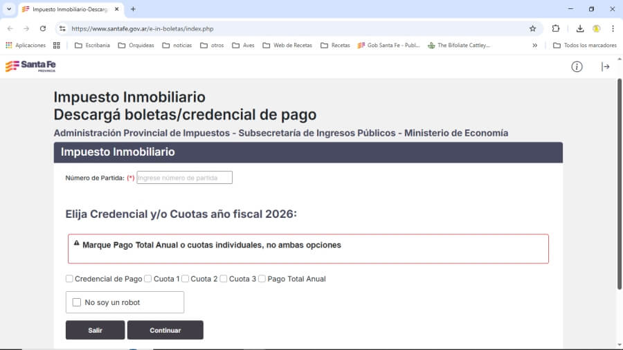 Sitio web oficial de la API Santa Fe con acceso a boletas del Impuesto Inmobiliario y Patente Automotor