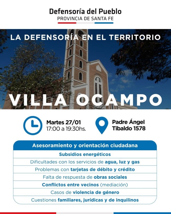 Flyer informativo del Municipio de Villa Ocampo sobre atención de la Defensoría del Pueblo