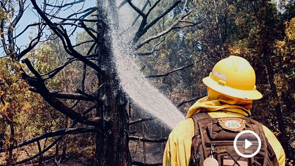 Brigadista santafesino realiza trabajos de combate directo contra el fuego en un incendio forestal en Chubut.