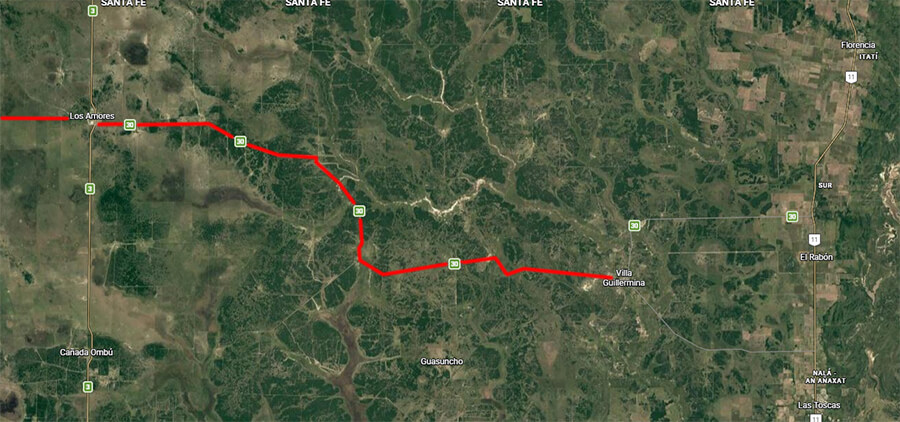 Mapa del tramo este de la Ruta Provincial 30 entre la RN 11 y la Ruta Provincial 3 en Santa Fe