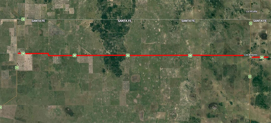 Mapa del tramo oeste de la Ruta Provincial 30 entre la Ruta Provincial 3 y la RN 13