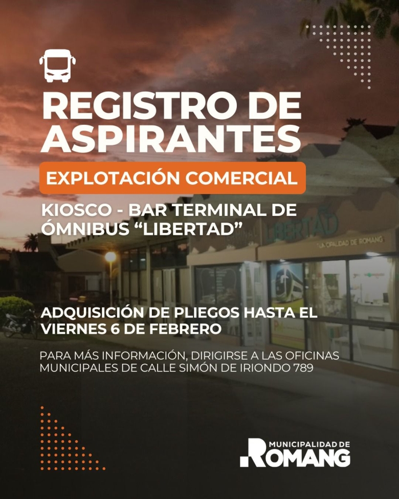 Flyer oficial de la Municipalidad de Romang sobre el Concurso de Precios 01/2026 para la terminal.