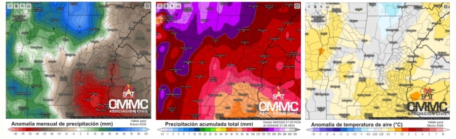 mapa de anomalías climáticas para marzo en Santa Fe con déficit y exceso de precipitaciones y variaciones de temperatura