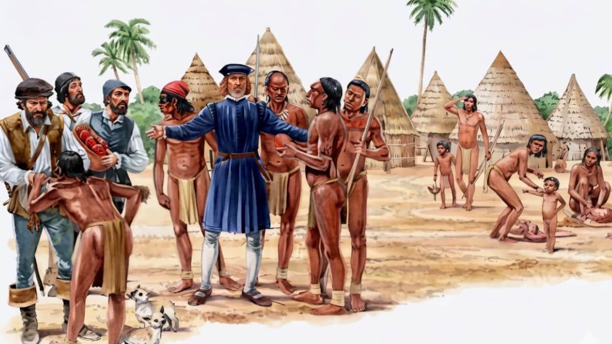 Encuentro histórico entre colonizadores europeos y pueblos originarios en Sudamérica, representación de la conquista y la Nación Guaraní