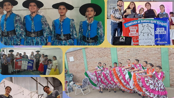 Collage de actuaciones de la Escuela de Danzas Flor del Irupé en el certamen Tusuy Mayu con presentaciones de danza tradicional y estilizada
