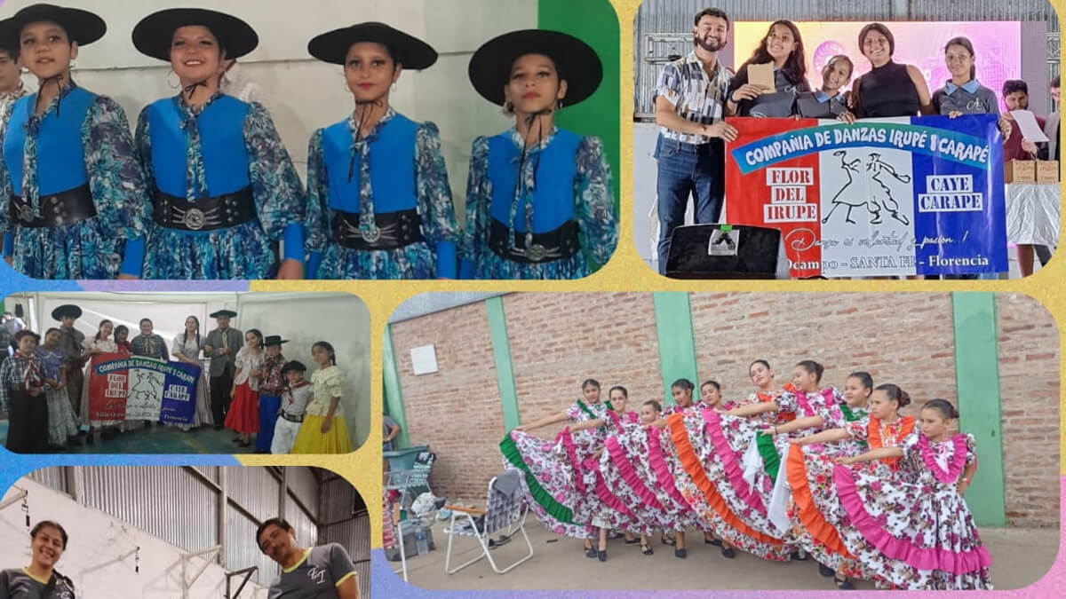 Collage de actuaciones de la Escuela de Danzas Flor del Irupé en el certamen Tusuy Mayu con presentaciones de danza tradicional y estilizada