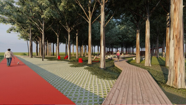 vista general render parque El Eucaliptal Malabrigo con arboleda veredas y decks recreativos