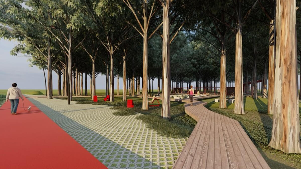 vista general render parque El Eucaliptal Malabrigo con arboleda veredas y decks recreativos