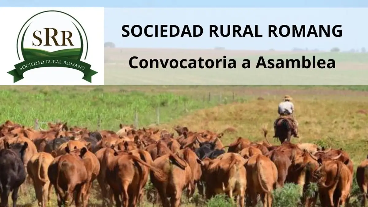Logo de la Sociedad Rural de Romang sobre fondo de arreo de ganado en campo santafesino