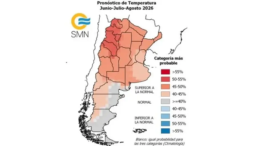Mapa de temperaturas previstas para el invierno 2026 en Argentina según el pronóstico climático trimestral del SMN